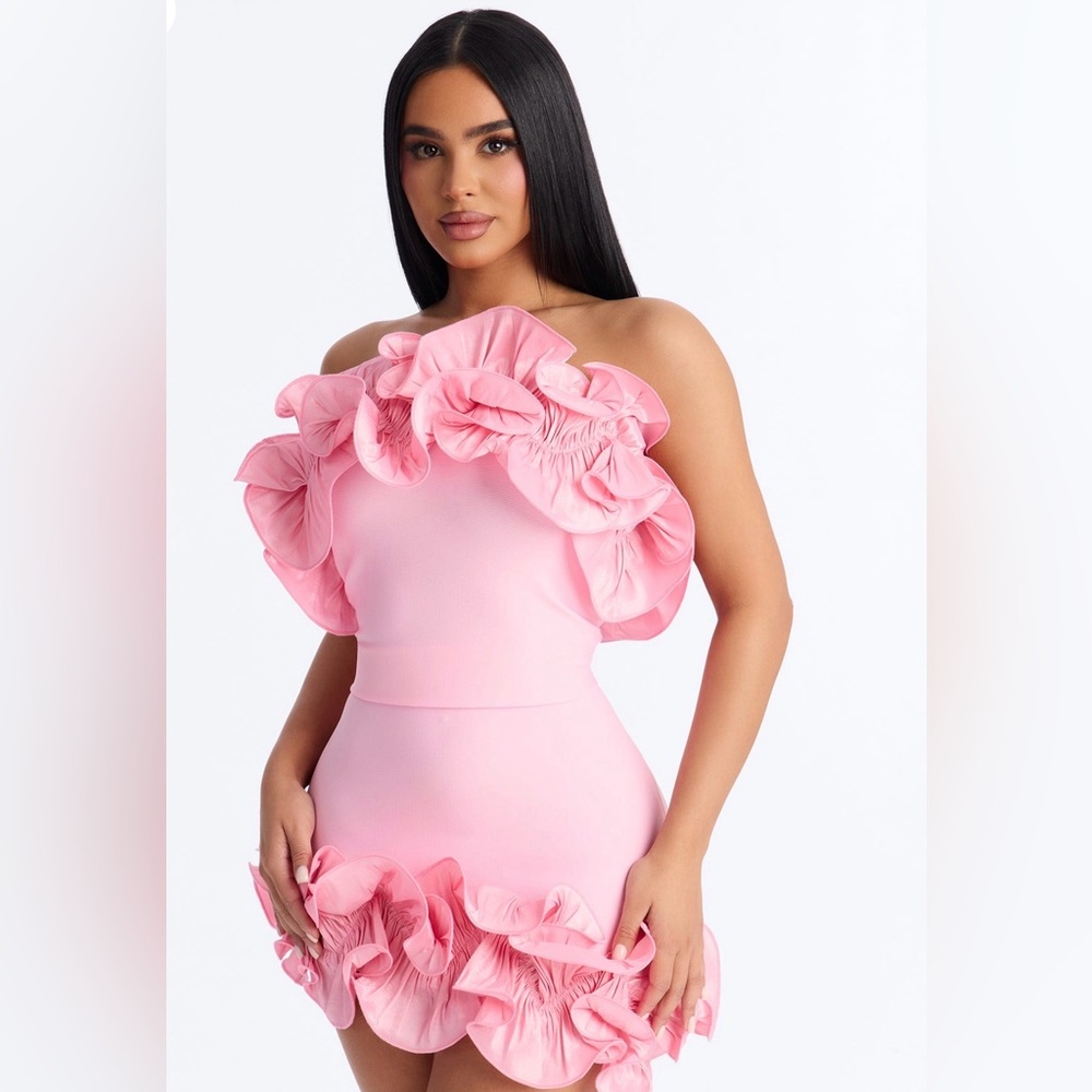 Fashion Nova Pink Strapless Ruffle Bodycon Dress